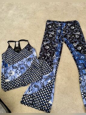 Blue & Black Floral Patchwork Tank and Flared Pants lounge Pajama Set